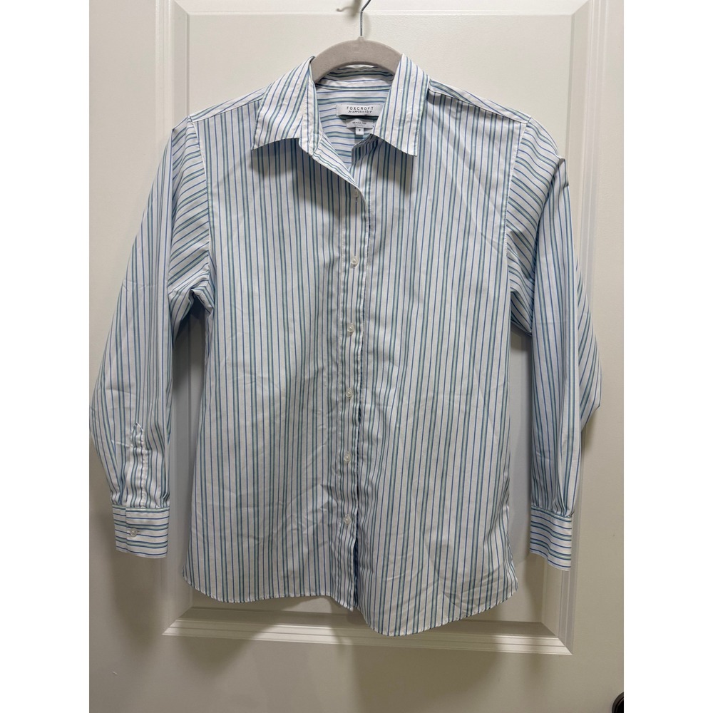 Foxcroft for Appleseeds Blue Green Striped Wrinkle Free Button Down Shirt Size 8